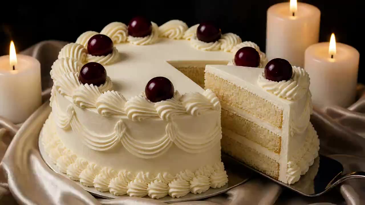 Torta de buttercream con cerezas y velas, porción servida
